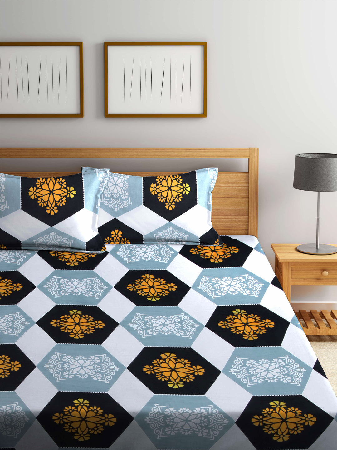 Klotthe Multi Ethnic Motifs Cotton Blend Double Bed Sheet with 2 Pillow Covers