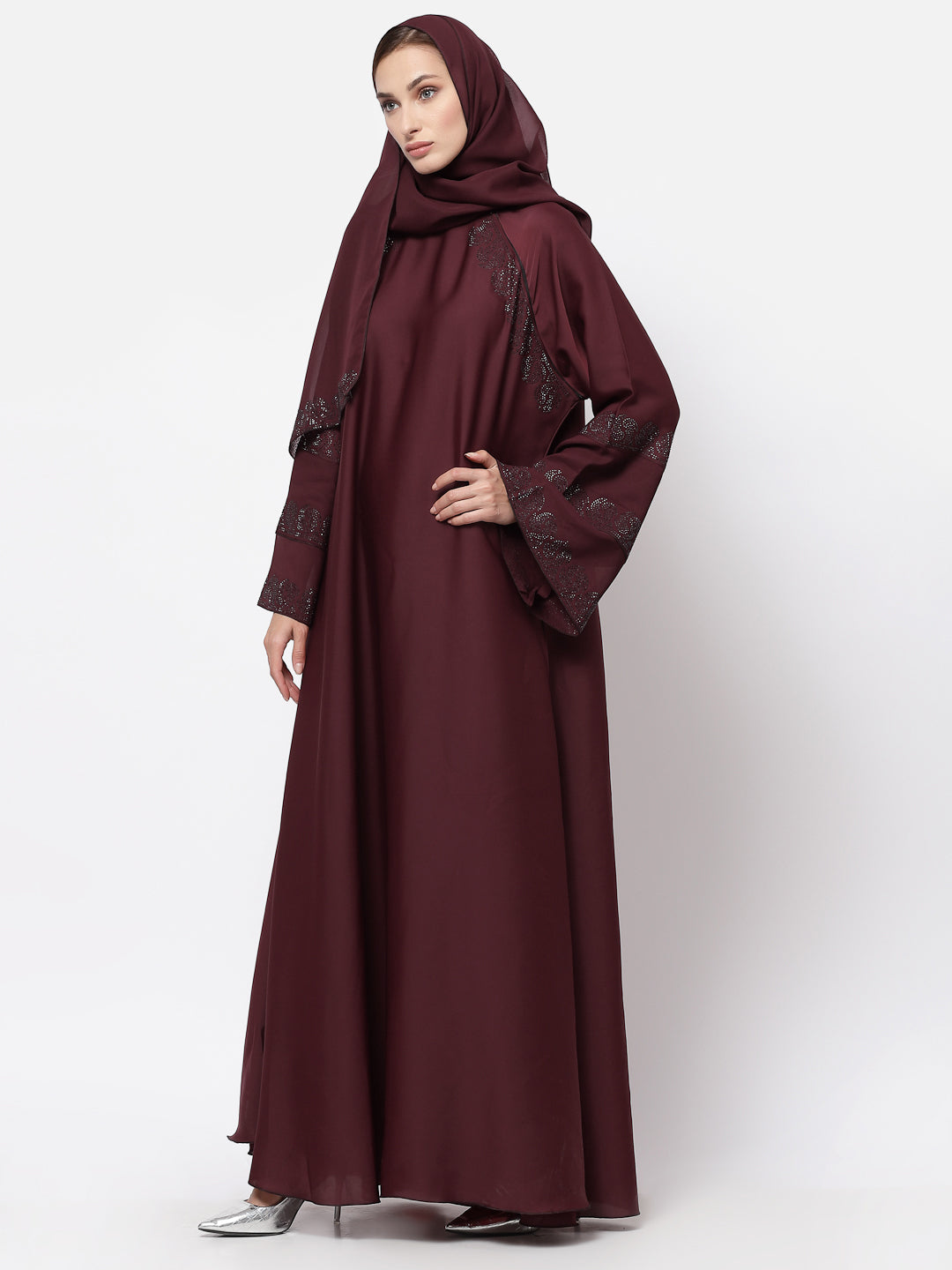 Klotthe Women Maroon Embellished Burqa With Scarves