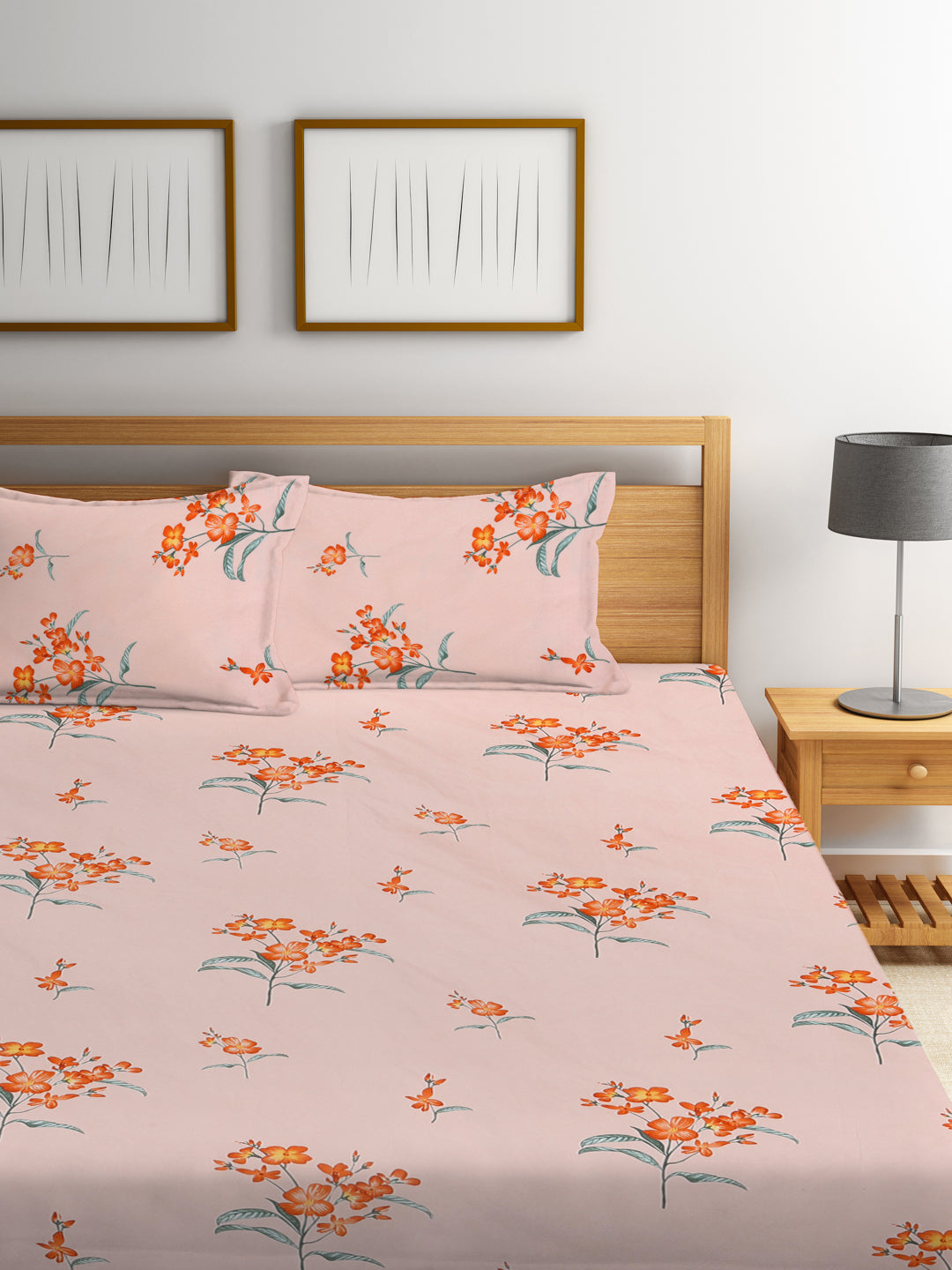 Klotthe Multi Floral 300 TC Cotton Blend Elasticated Double Bedsheet with 2 Pillow Covers
