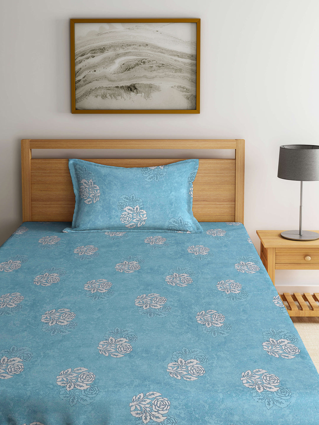 Klotthe Turquoise Floral 400 TC Pure Cotton Fitted Single Bedsheet Set in Book Fold Packing