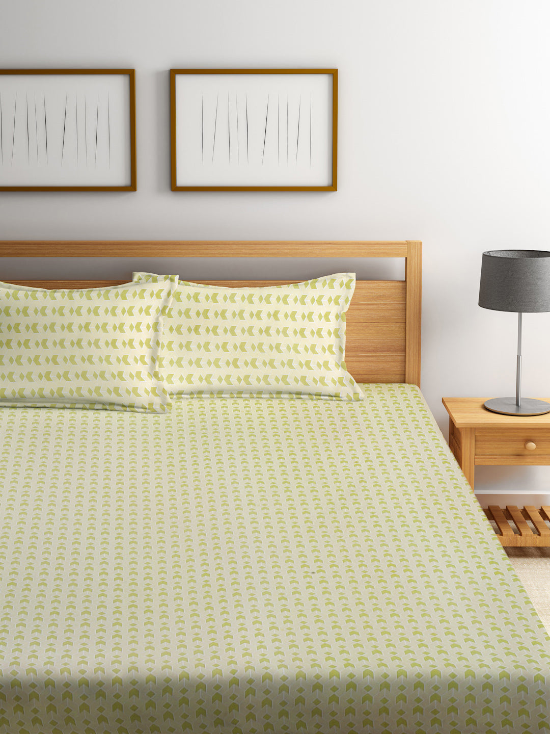 Klotthe OliveGreen Geometric 300 TC Cotton Blend Double Bedsheet with 2 Pillow Covers