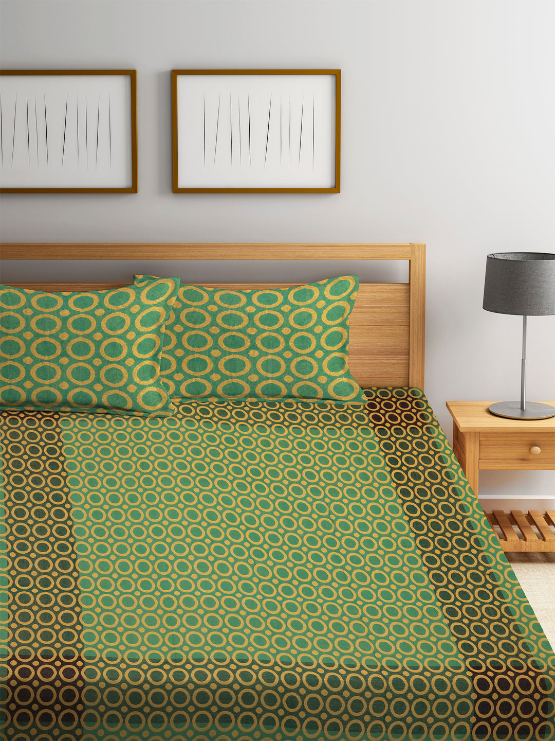 KLOTTHE Green Cotton Woven Design Double King Bed Cover With 2 Pillow Covers (250X225 cm)