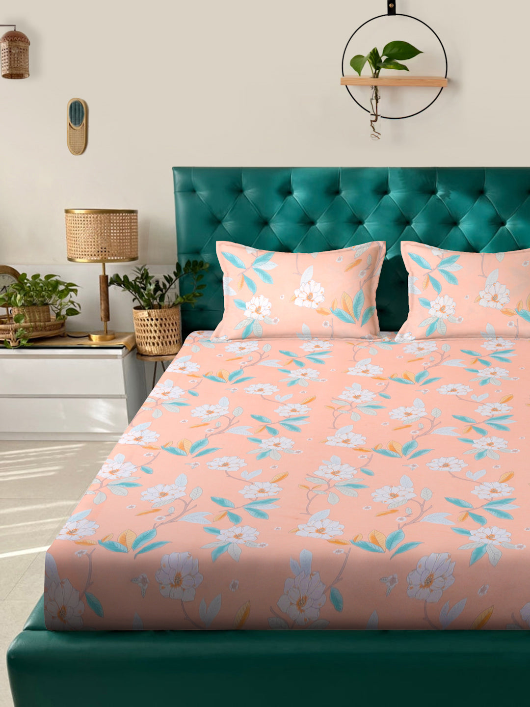 Klotthe Multicolor Floral 300 TC Cotton Blend Fitted Double Bedsheet Set in Book Fold Packing
