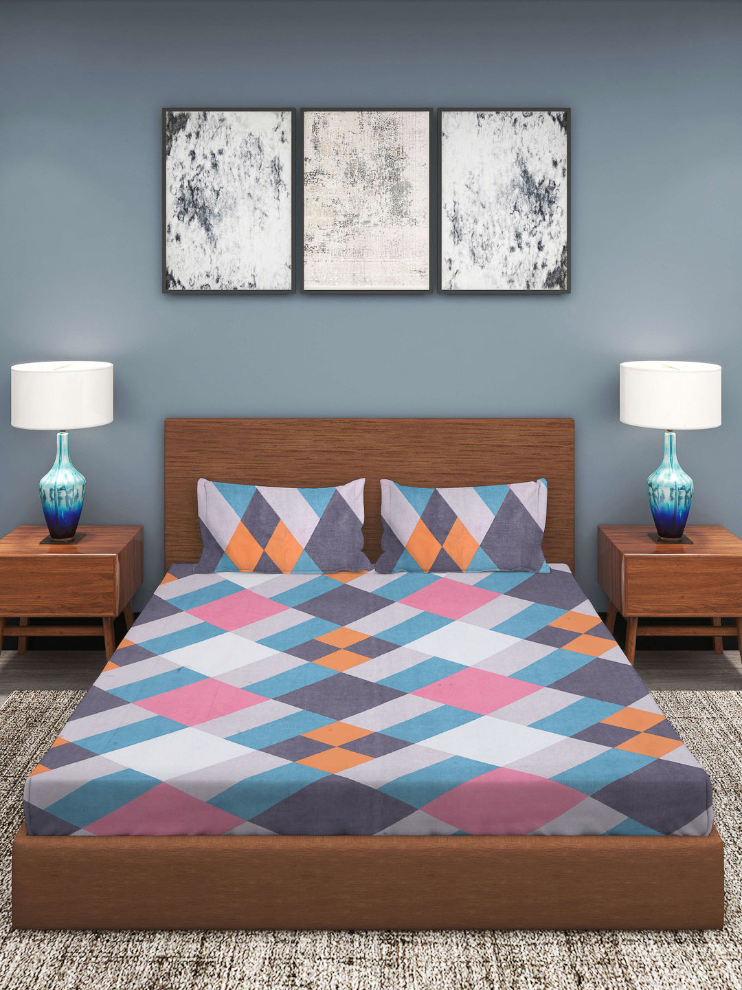 Klotthe MultiColor 210 TC Geometric Cotton Blend Double Bed Sheet with 2 Pillow Covers