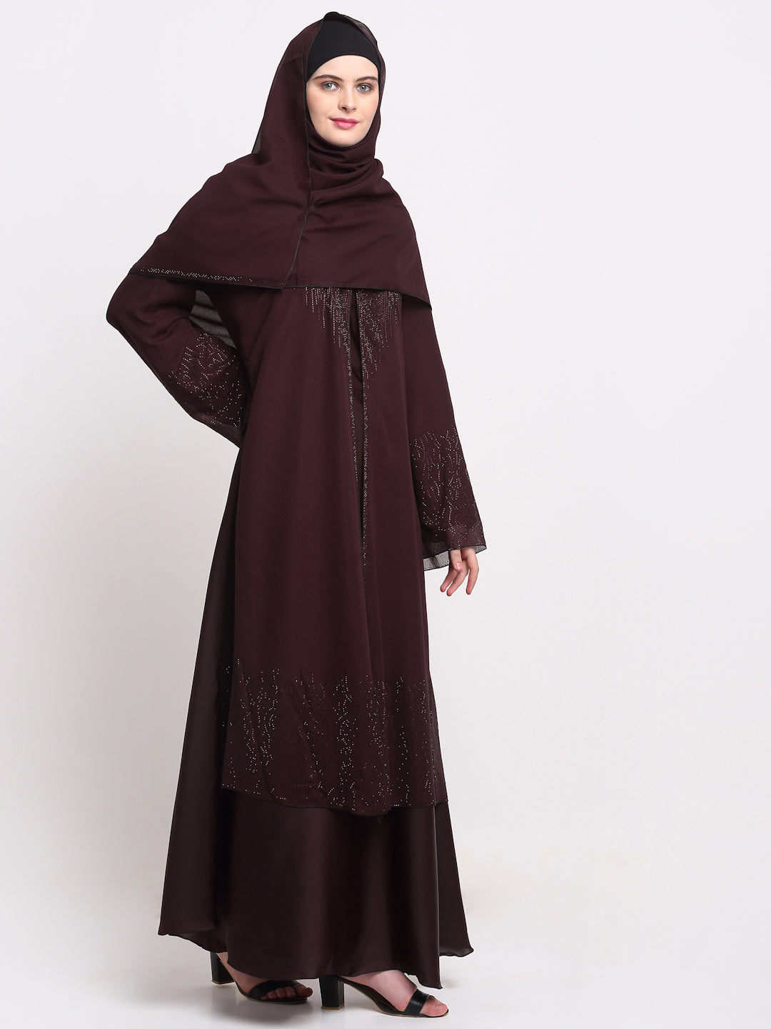 Klotthe Women Burgundy Embellished Burqa With Scarves