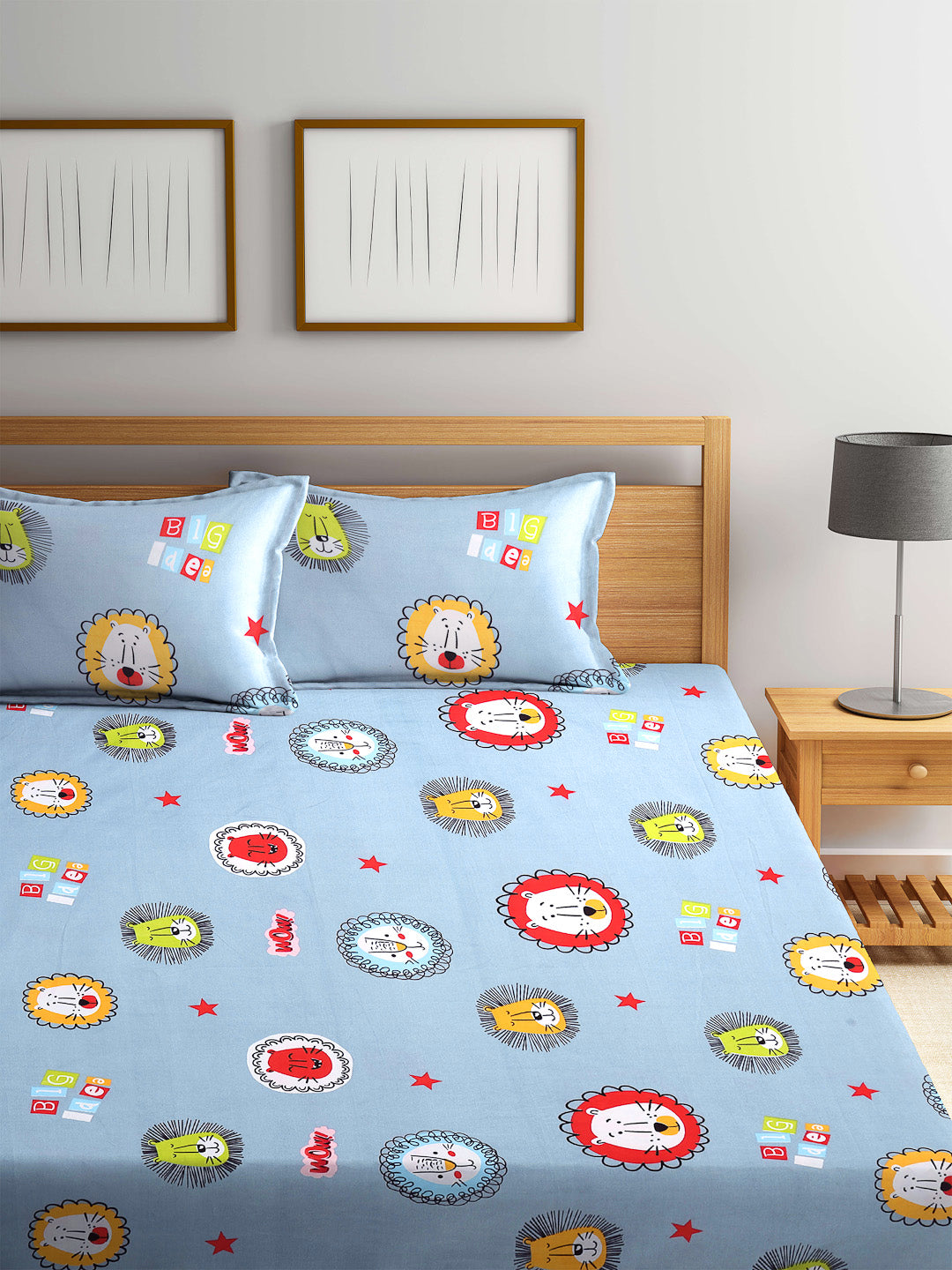 Klotthe Multi Cartoon Characters 210 TC Polycotton Bedsheet with 2 Pillow Covers
