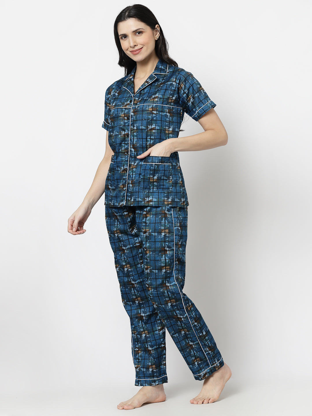 Klotthe Women Blue Geometric Print Pure Cotton Night Suit