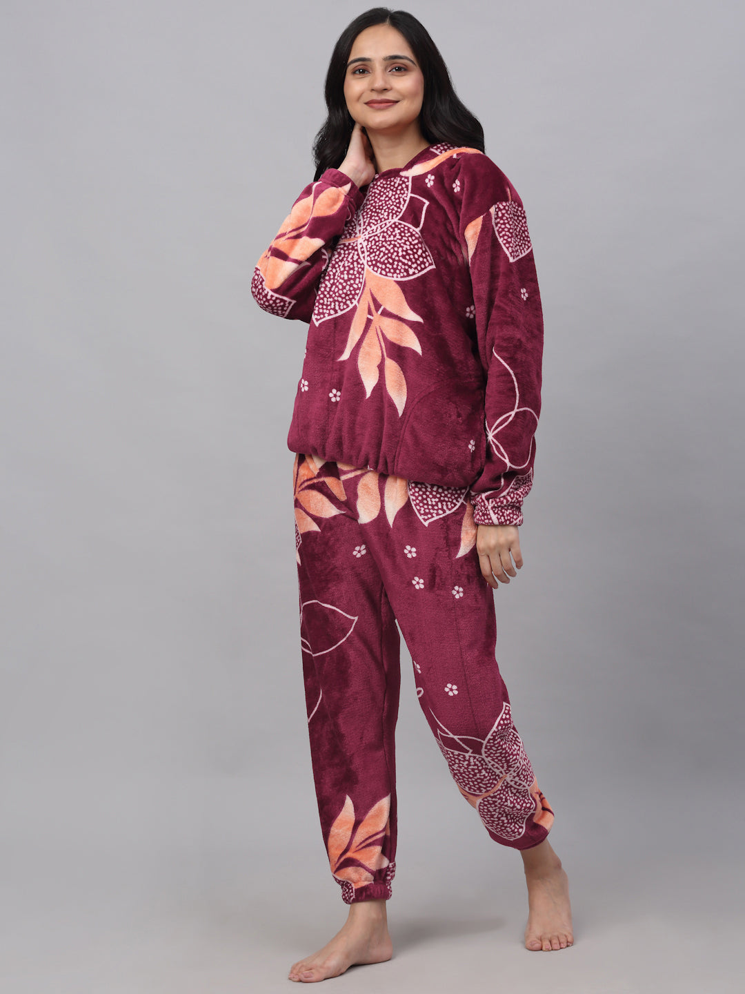 Klotthe Women MultiColor Printed Wool Blend Hooded Night Suit