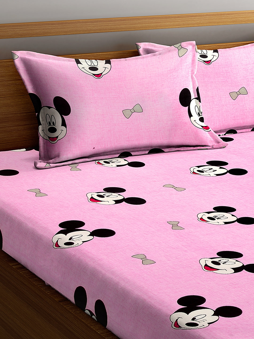 Klotthe Pink Cartoon Print 300 TC Cotton Blend Double Bed Sheet with 2 Pillow Covers in Book Fold Packing