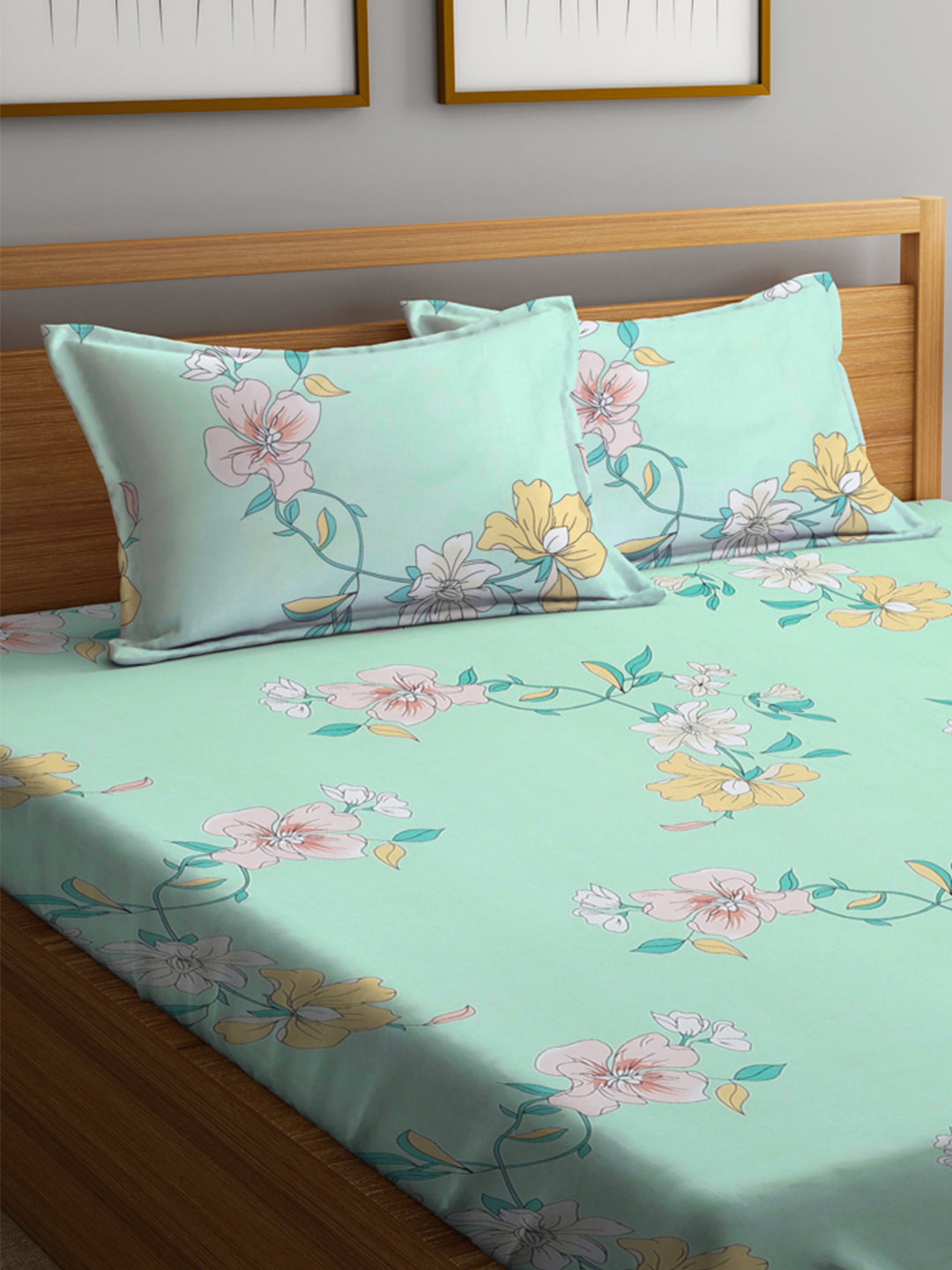 Klotthe Multi Floral 300 TC Cotton Blend Elasticated Double Bedsheet with 2 Pillow Covers