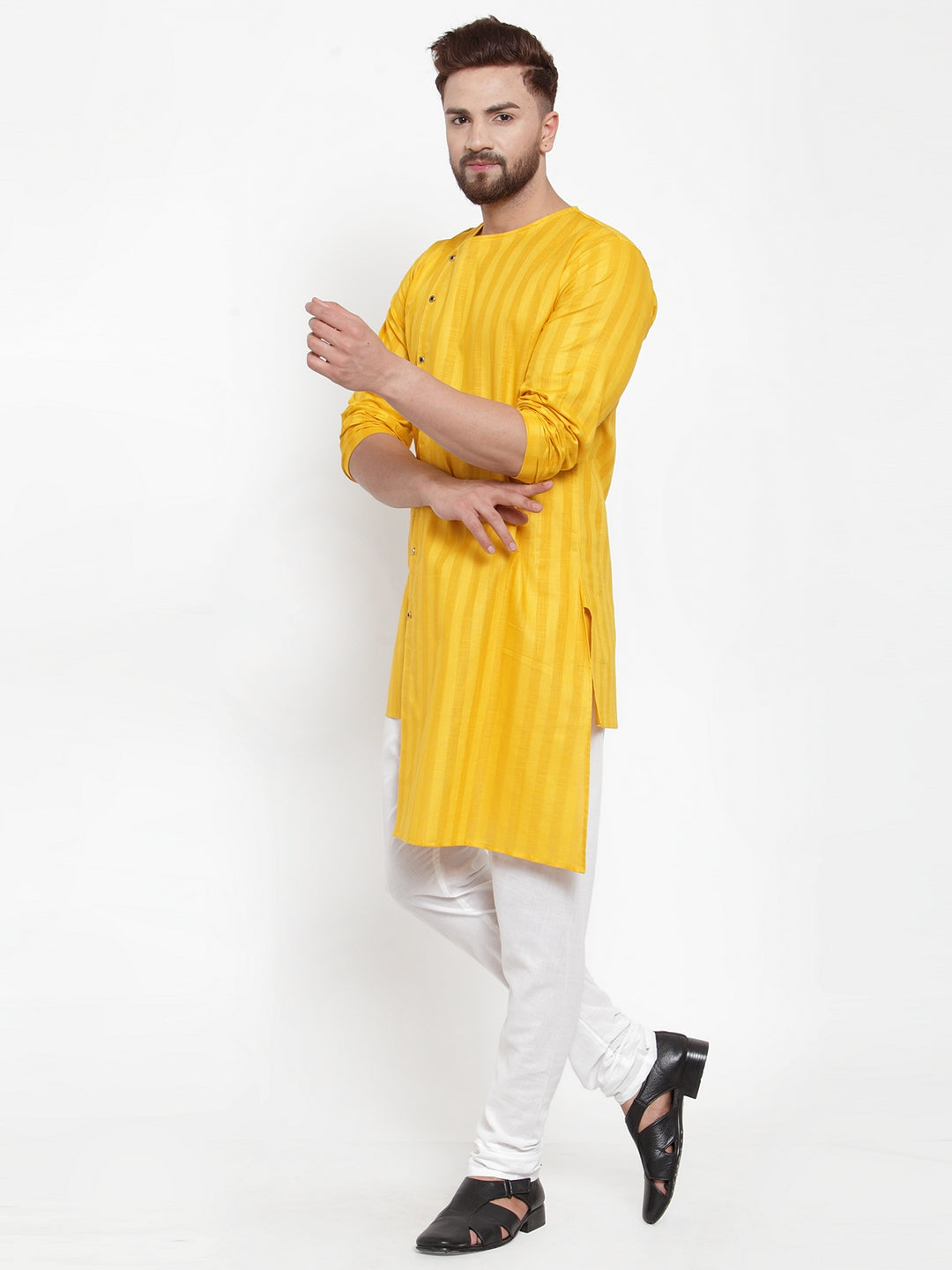 KLOTTHE Yellow Cotton Self Design Kurta With Pyjama