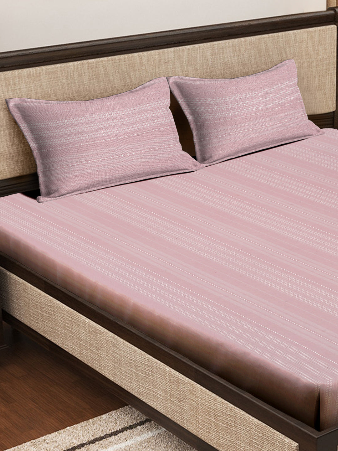 Klotthe Pink Striped 400 TC Pure Cotton King Size Double Bedsheet with 2 Pillow covers