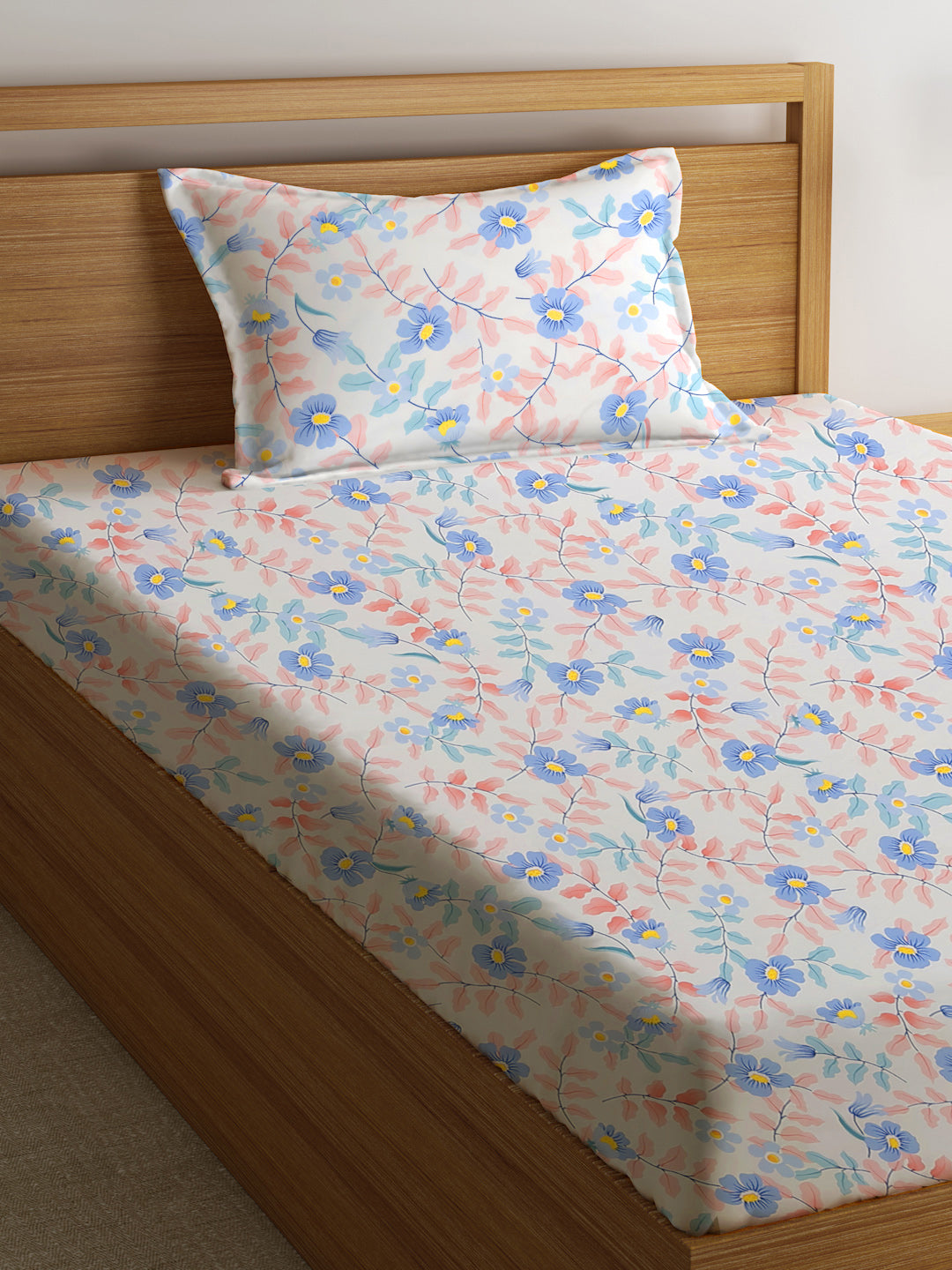 Klotthe Multi Floral 300 TC Cotton Blend Single Bedsheet with Pillow Cover