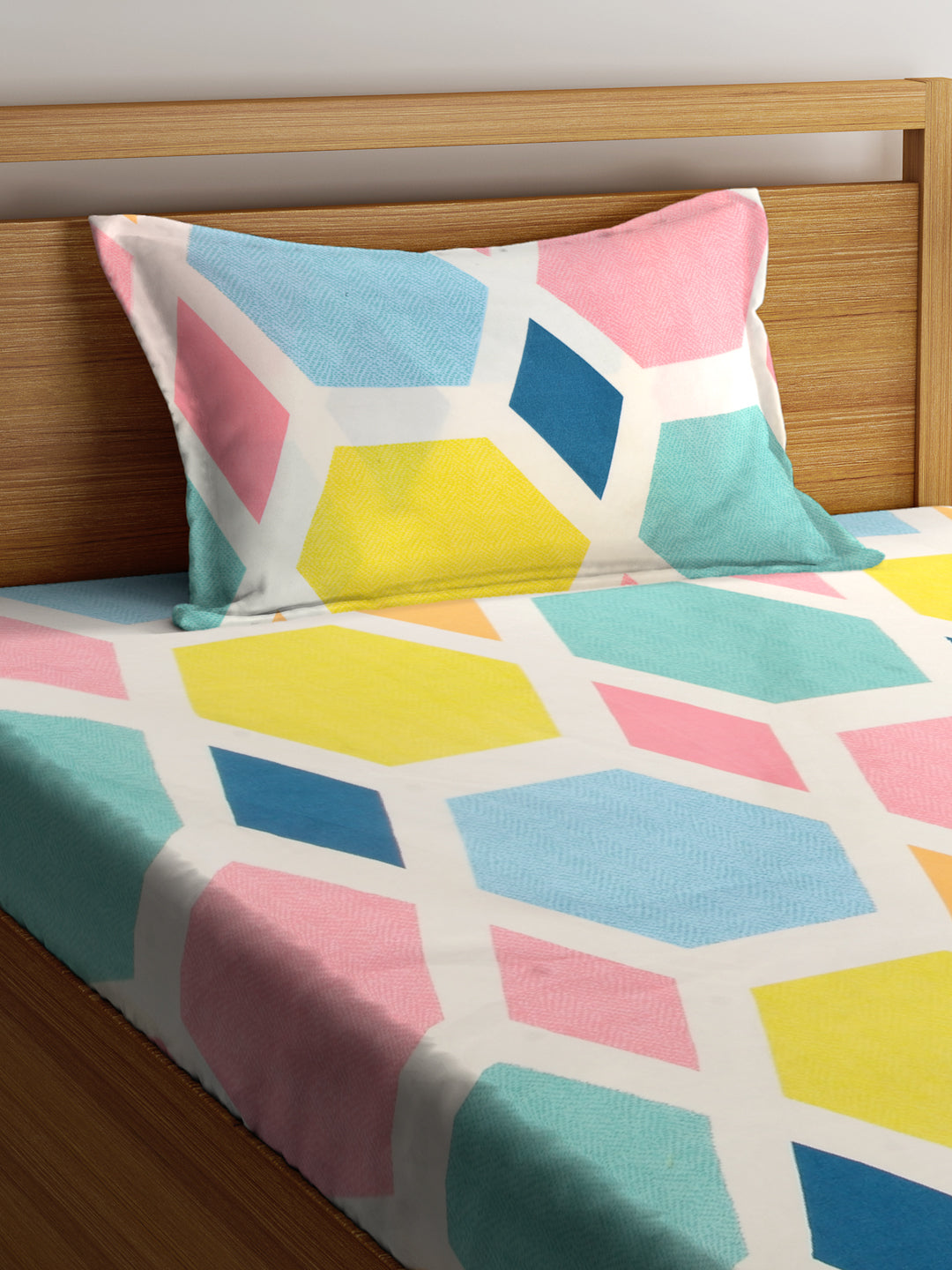 Klotthe Multi Geometric 300 TC Cotton Blend Elasticated Single Bedsheet with Pillow Cover