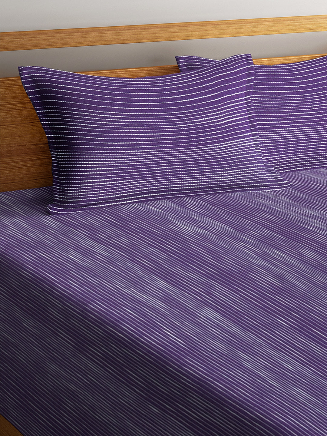 KLOTTHE Set of Two Violet Cotton Striped Double King Bed Covers With 4 Pillow Covers (250X225 cm)