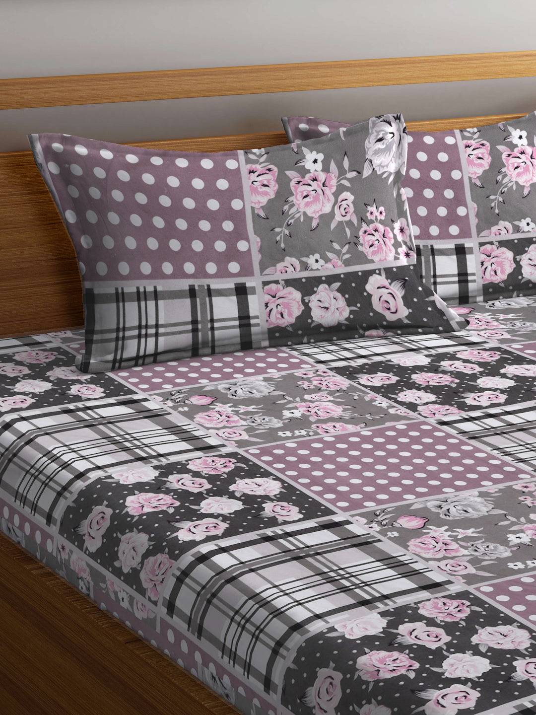 Klotthe Multi Floral 300 TC Cotton Blend Elasticated Super King Double Bedsheet with 2 Pillow Covers (270X270 cm)