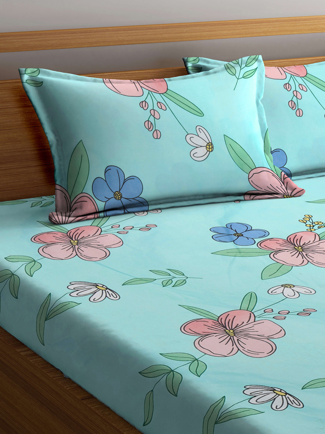 Klotthe Multicolor Floral 300 TC Cotton Blend Fitted Double Bedsheet in Book Fold Packing