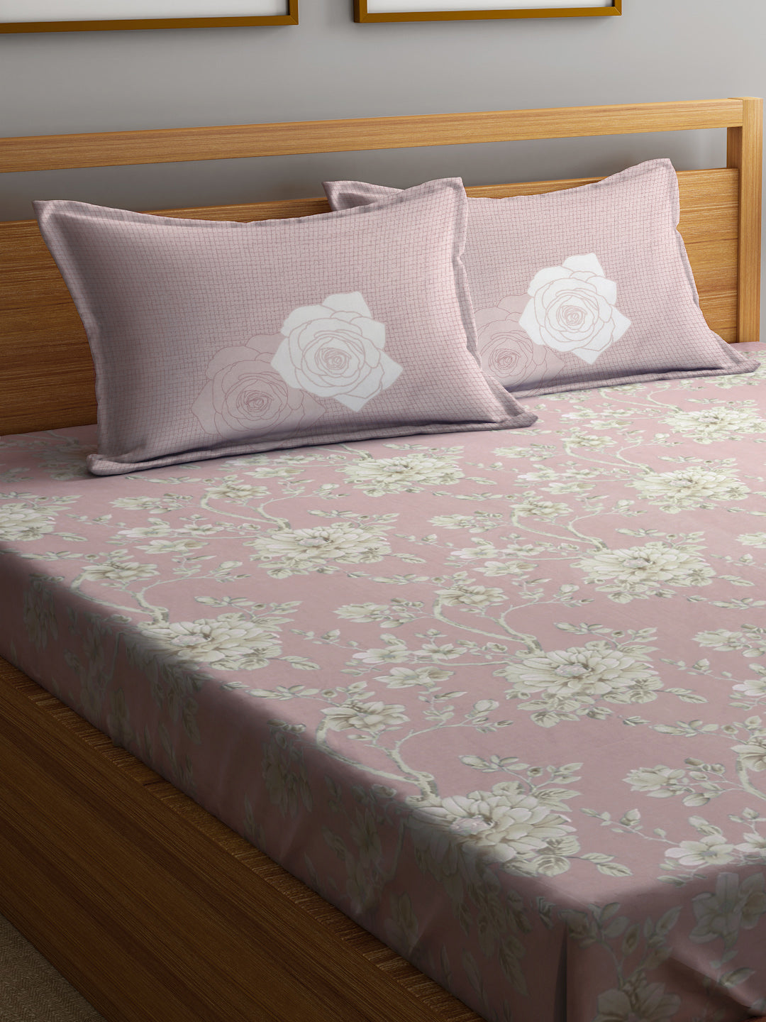 Klotthe Pink Floral 400 TC Pure Cotton Super King Double Bedsheet with 2 Pillow Covers (270X270 cm)