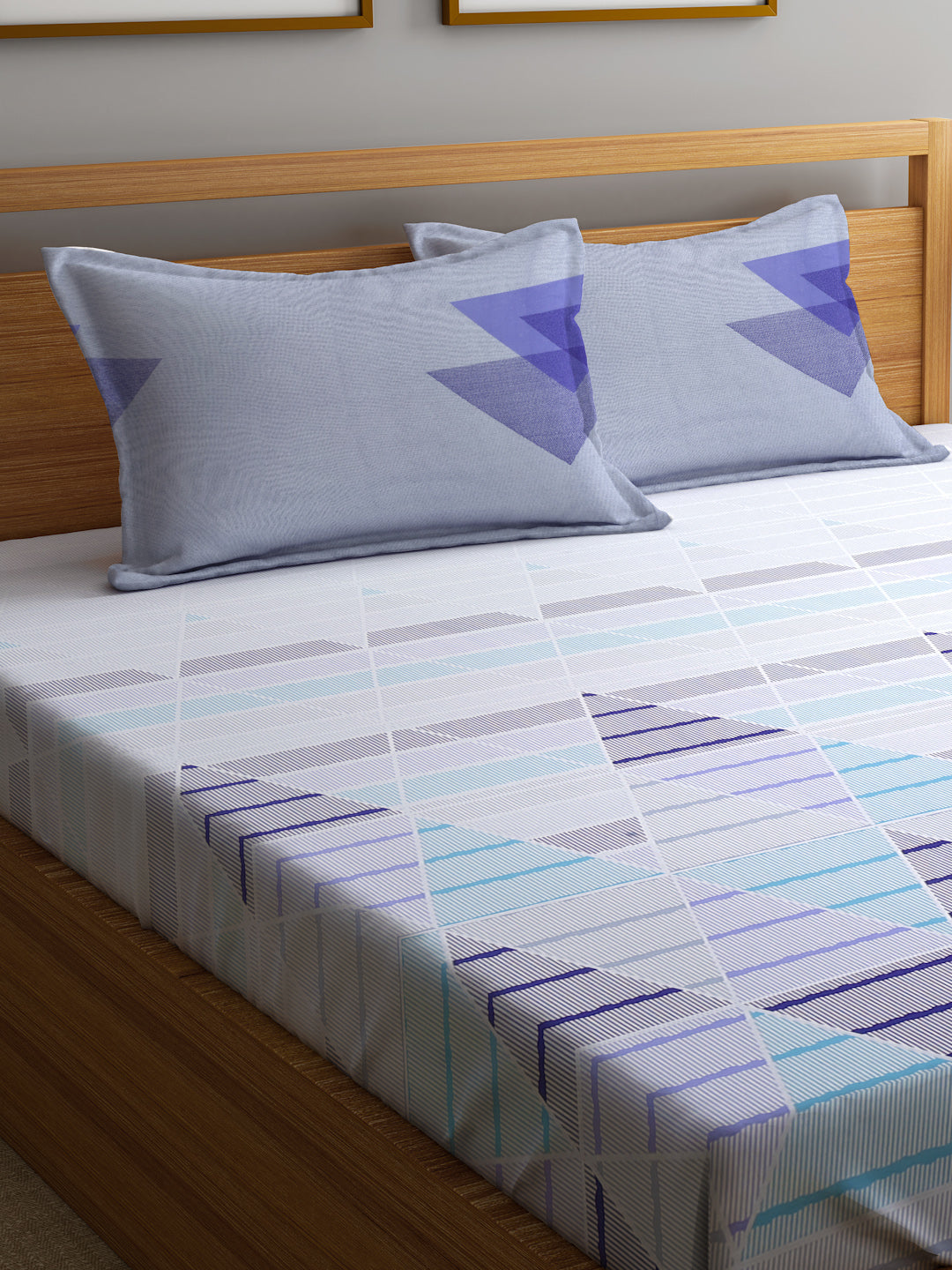 Klotthe Multicolor Geometric 400 TC Pure Cotton Fitted Super King Double Bedsheet with 2 Pillow covers (270X270 cm)