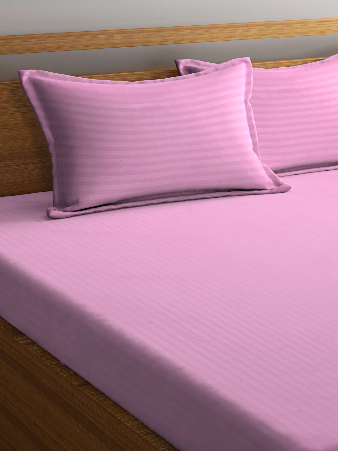 Klotthe Light Pink Striped 300 TC Cotton Blend Elasticated Super King Double Bedsheet with 2 Pillow Covers (270X270 cm)
