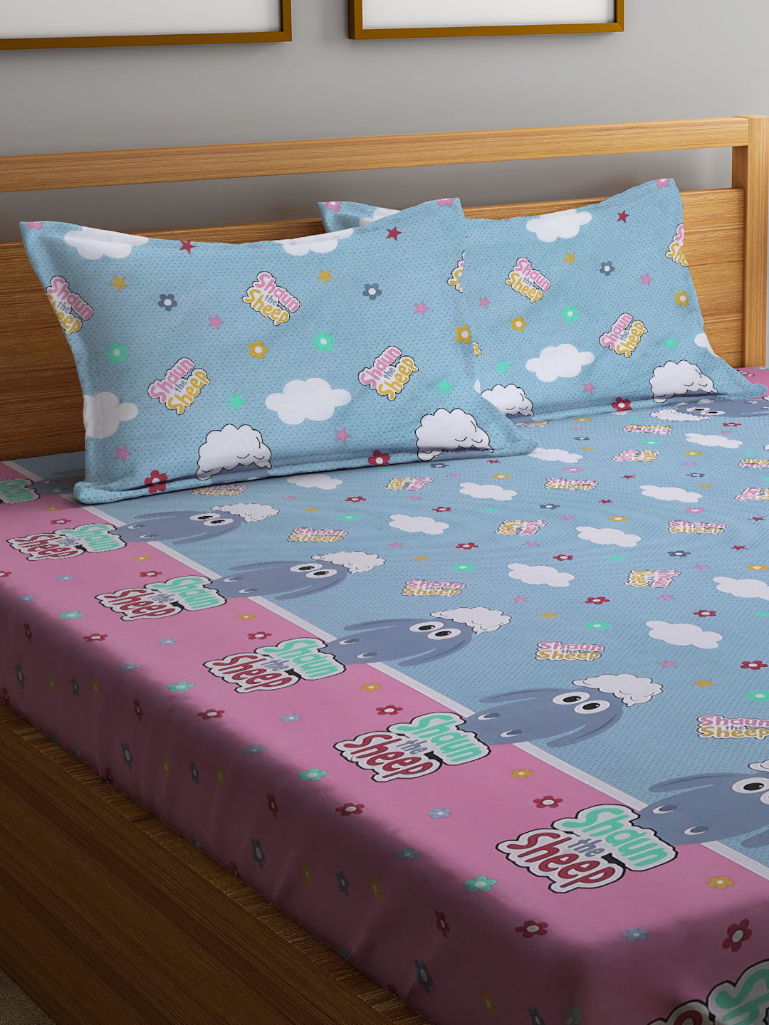 Klotthe Kids Blue Cotton 300 TC Double Bedsheet with 2 Pillow Covers