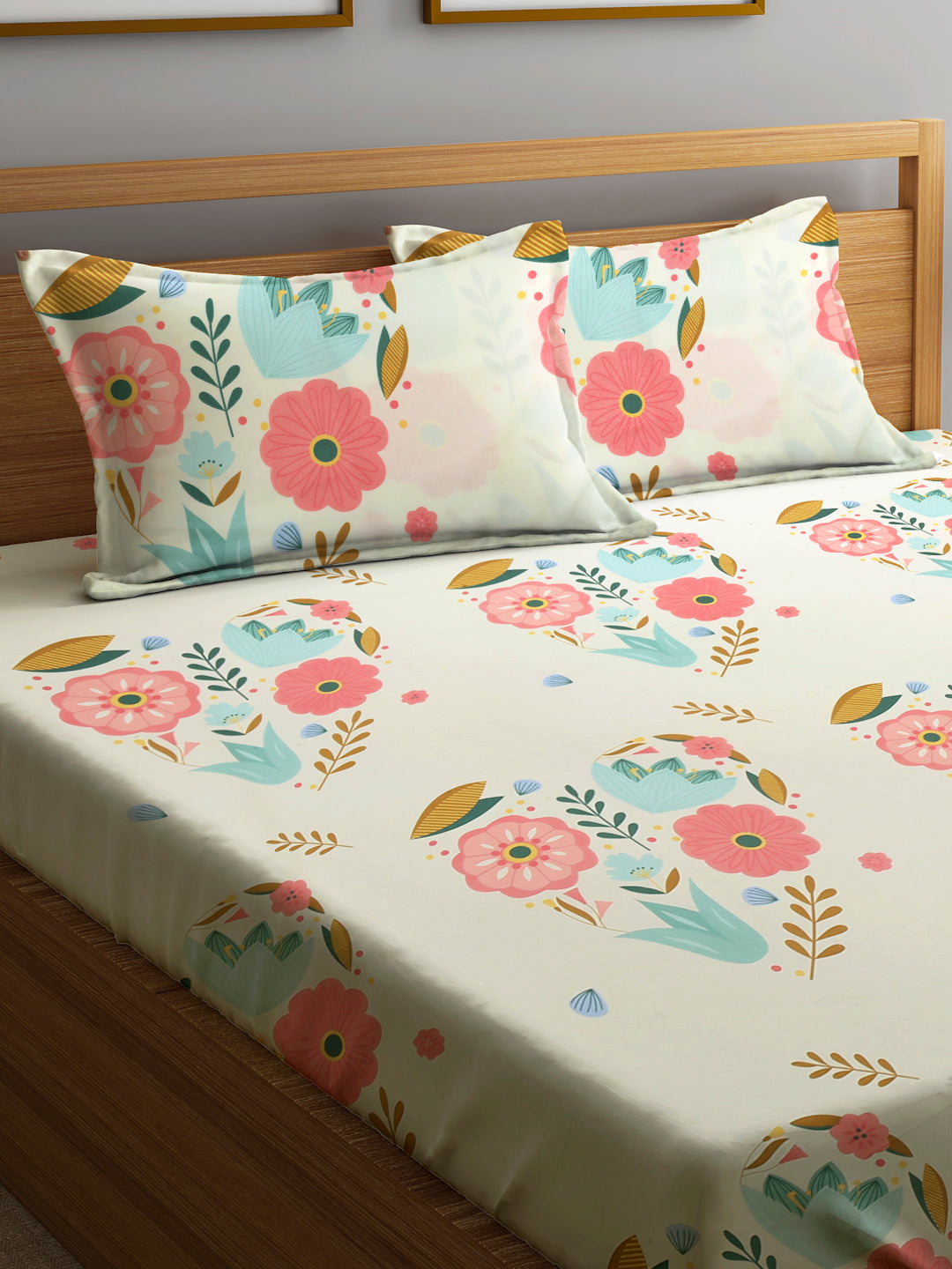 Klotthe Multi Floral 300 TC Cotton Blend Elasticated Double Bedsheet with 2 Pillow Cover in Book Fold Pack