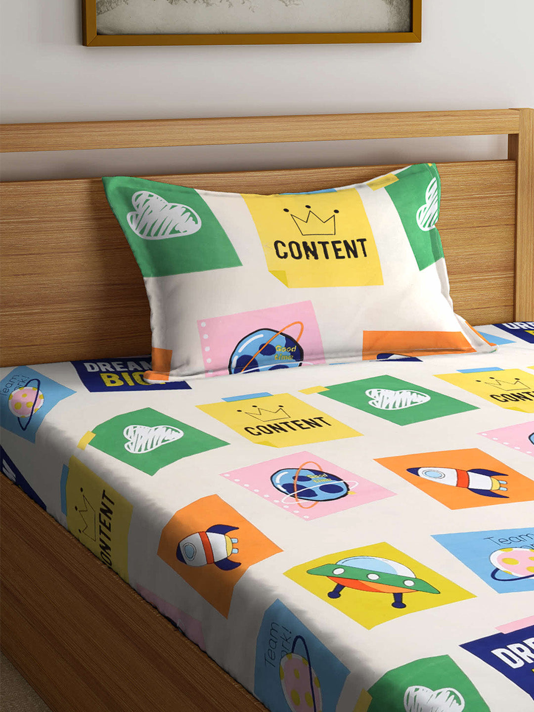 Klotthe Multicolour Kids Print Cotton Blend Single Bedsheet with Pillow cover