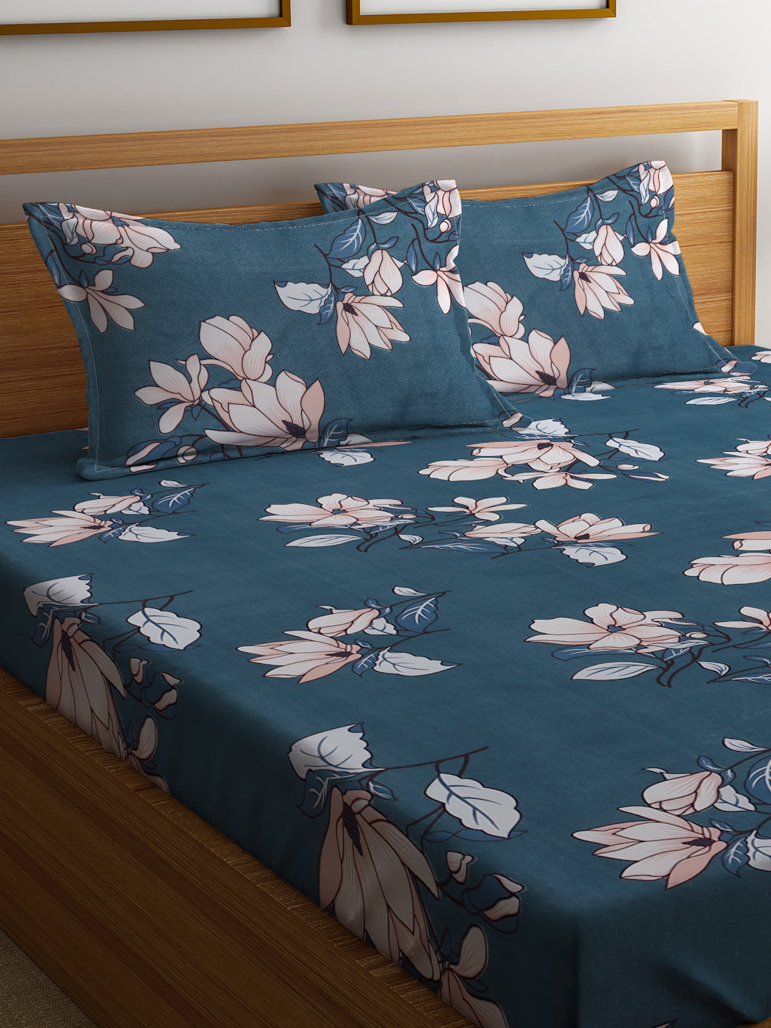 Klotthe Blue Floral 300 TC Cotton Blend Double Bedsheet Set in Book Fold Packing