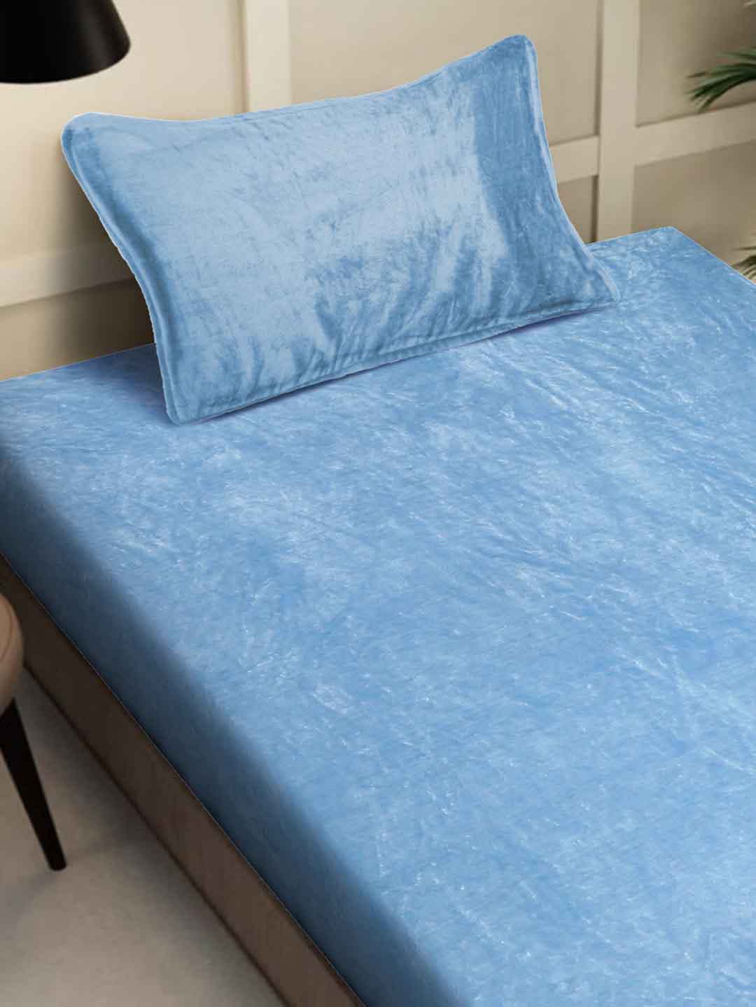 Klotthe Sky Blue Solid Woolen Fitted Single Bed Sheet with Pillow Cove