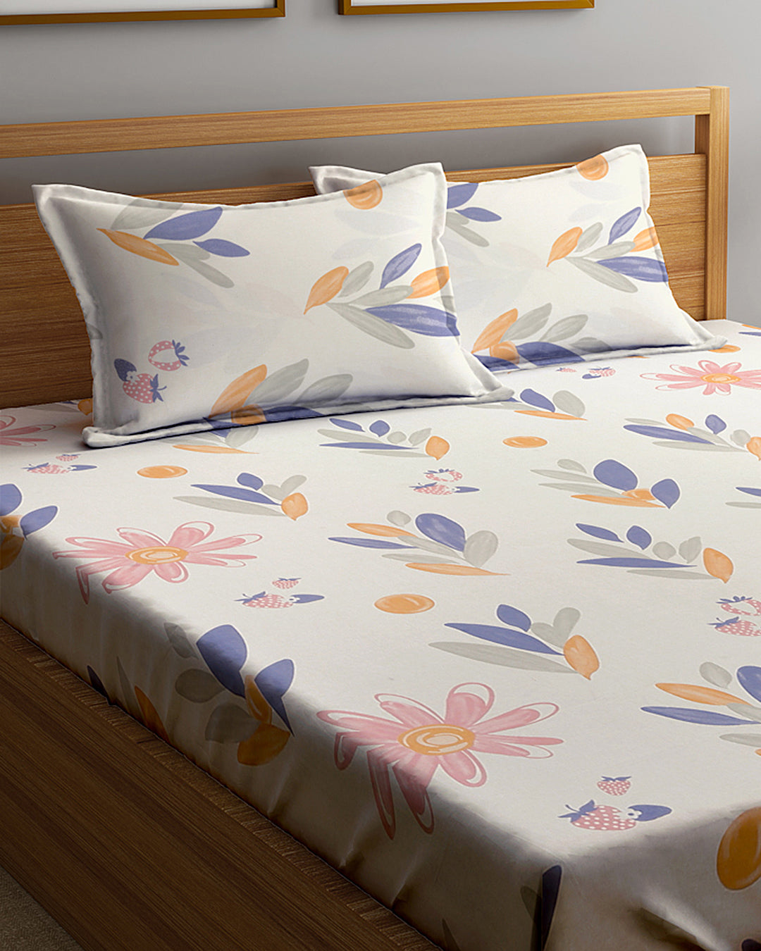 Klotthe Multi Floral 300 TC Cotton Blend Double Bedsheet with 2 Pillow covers