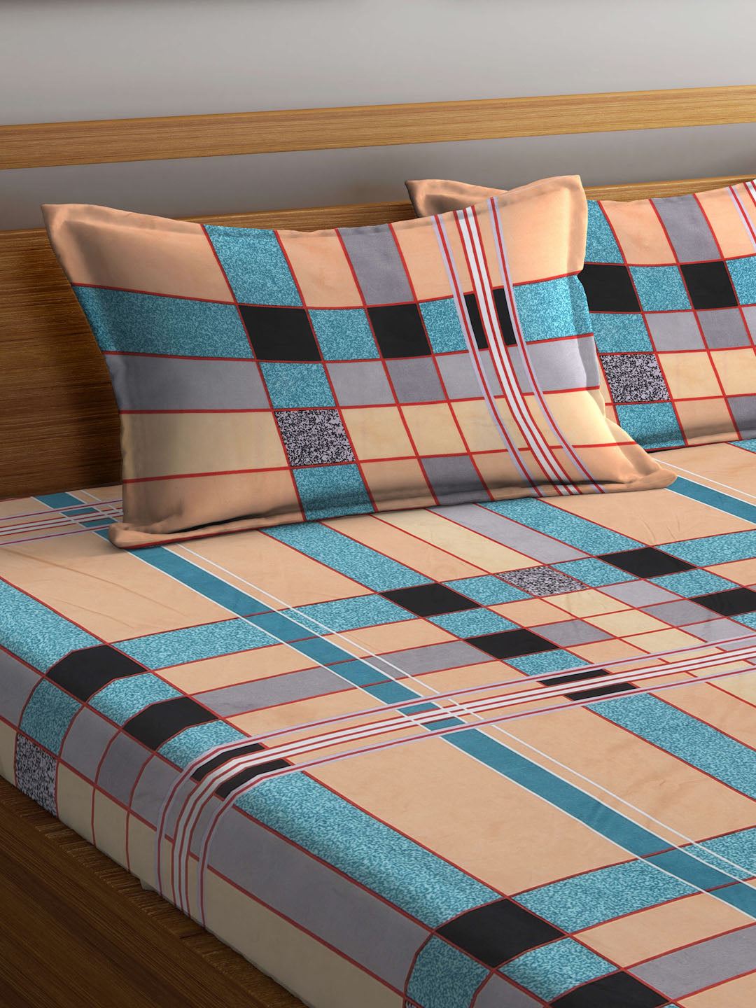 Klotthe Multi Striped 300 TC Cotton Blend Fitted Double Bedsheet with 2 Pillow Covers in Book Fold Packing