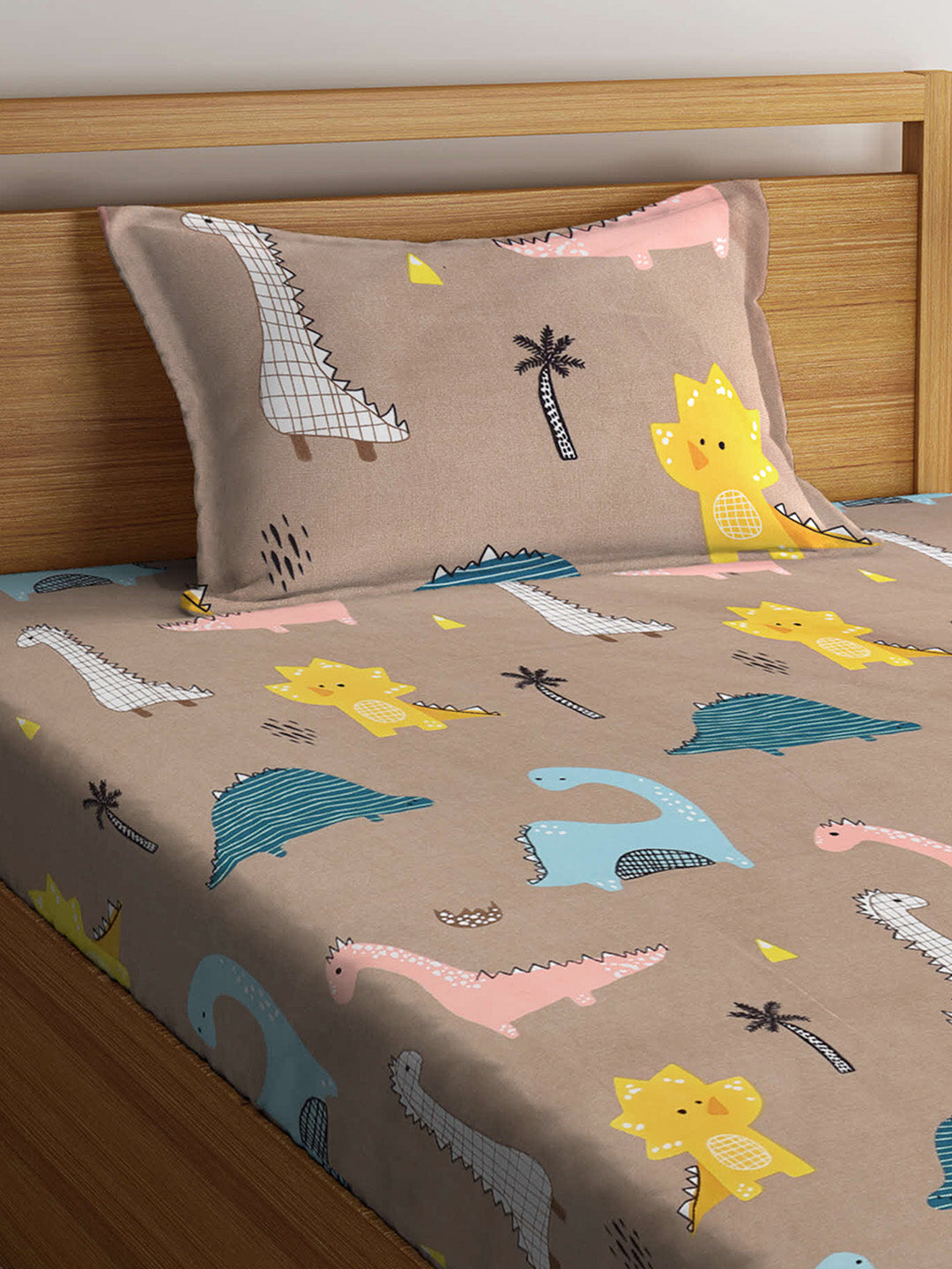 Klotthe Brown Cartoon Characters 210 TC PolyCotton Single Bedsheet with Pillow Cover