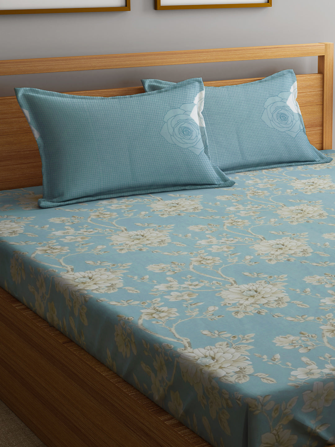 Klotthe Turquoise Floral 400 TC Pure Cotton Fitted Super King Double Bedsheet with 2 Pillow covers (270X270 cm)