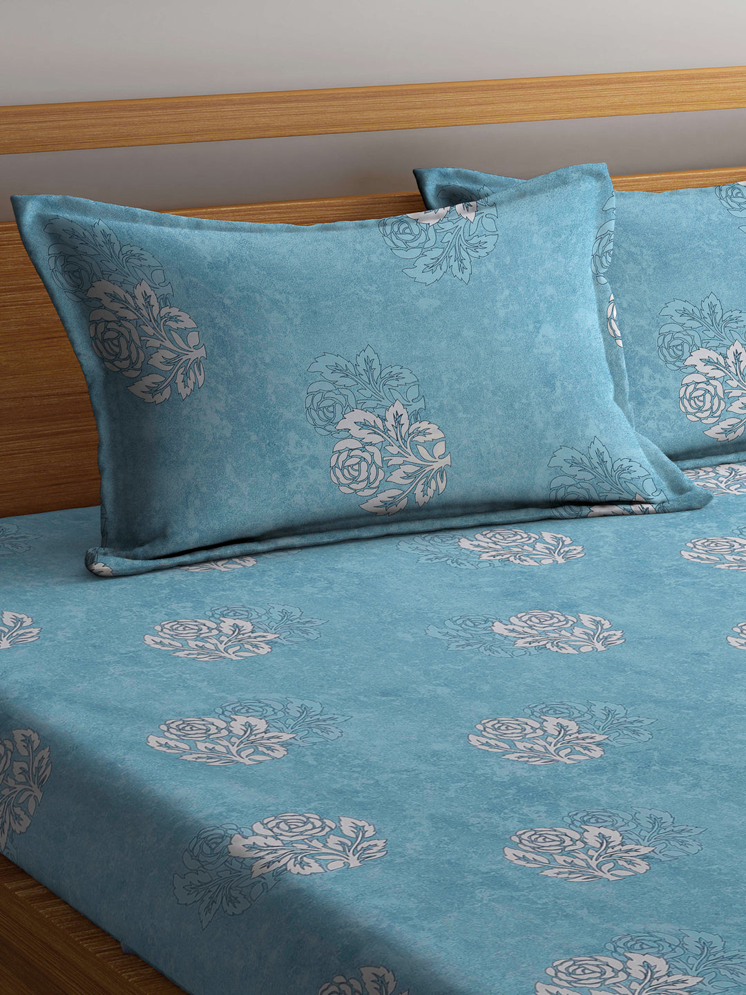 Klotthe Turquoise Floral 400 TC Pure Cotton Double Bedsheet Set in Book Fold Packing