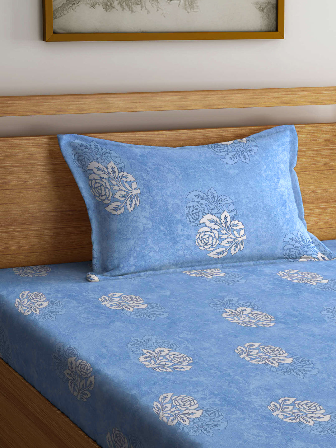 Klotthe Blue Floral 400 TC Pure Cotton Fitted Single Bedsheet with Pillow Cover