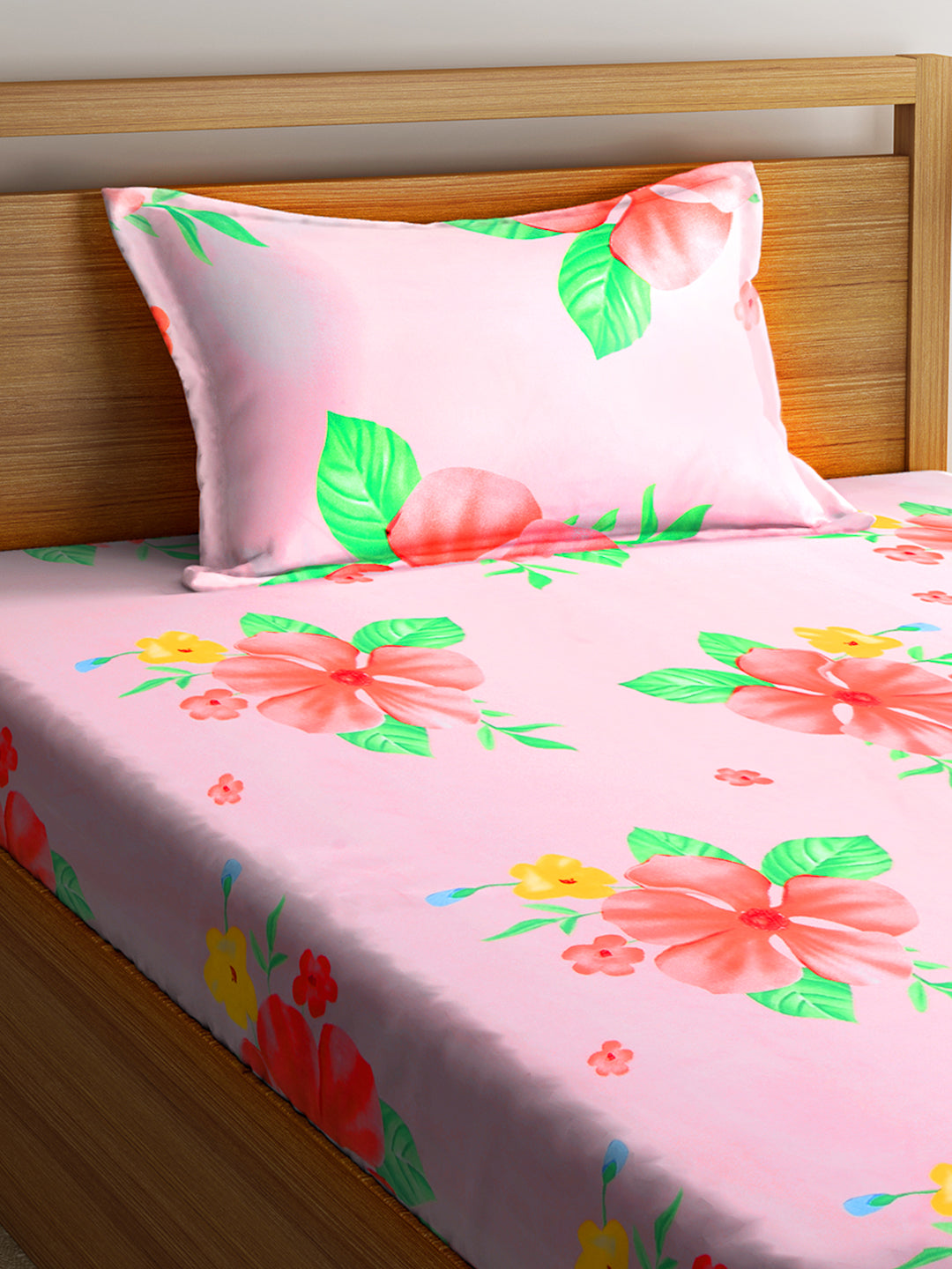KLOTTHE Pink Polycotton Floral BedSheet With 1 Pillow Cover (225X150 cm)