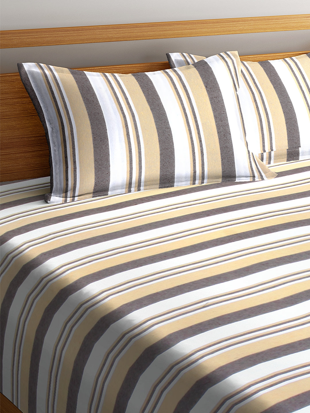 100% Pure Cotton King Size Handwoven Bed Cover with Two Pillow Covers by KLOTTHE® (Brown Striped)