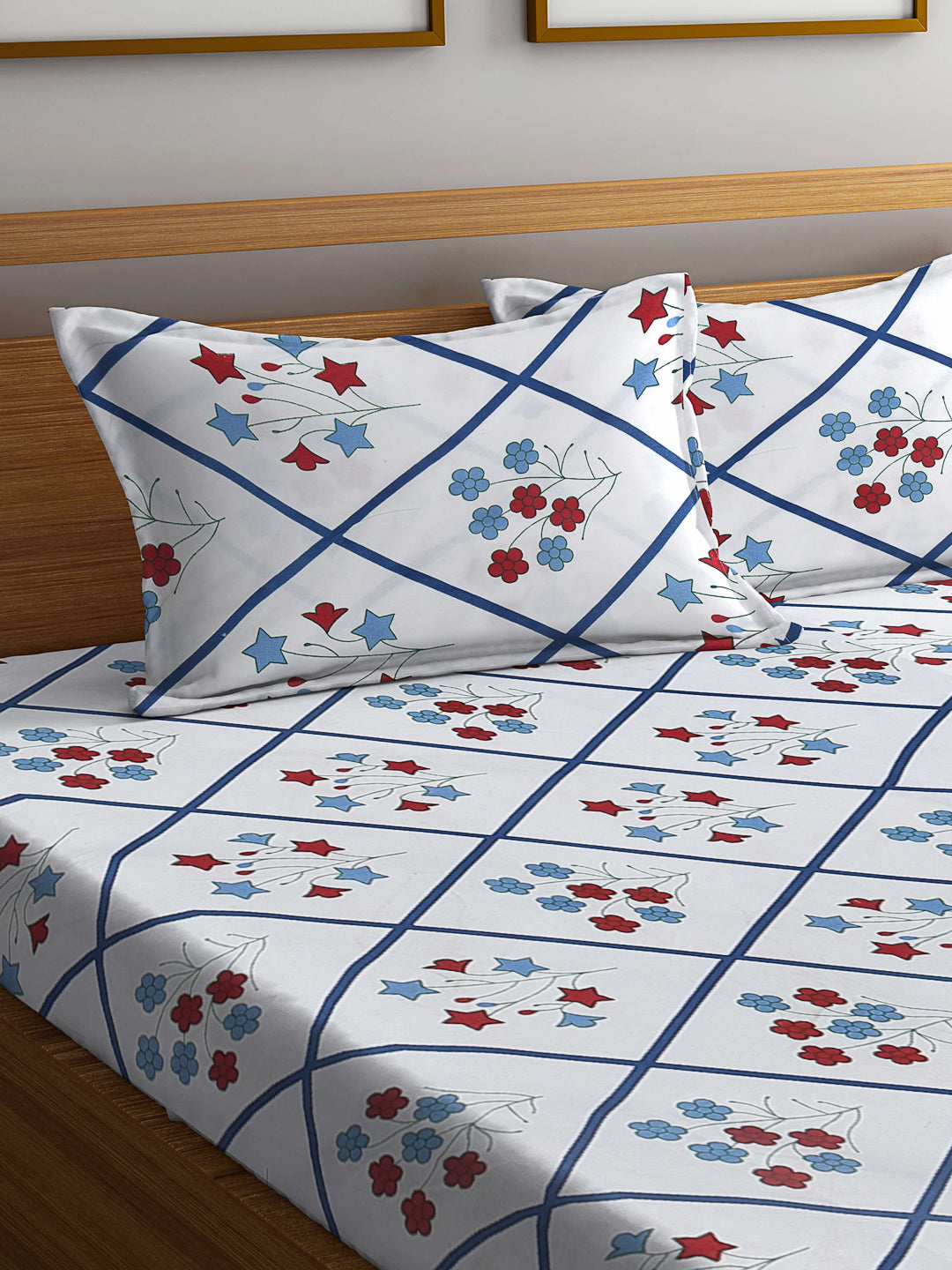 Klotthe Multicolor Floral 300 TC Cotton Blend Fitted Double Bedsheet with 2 Pillow Covers