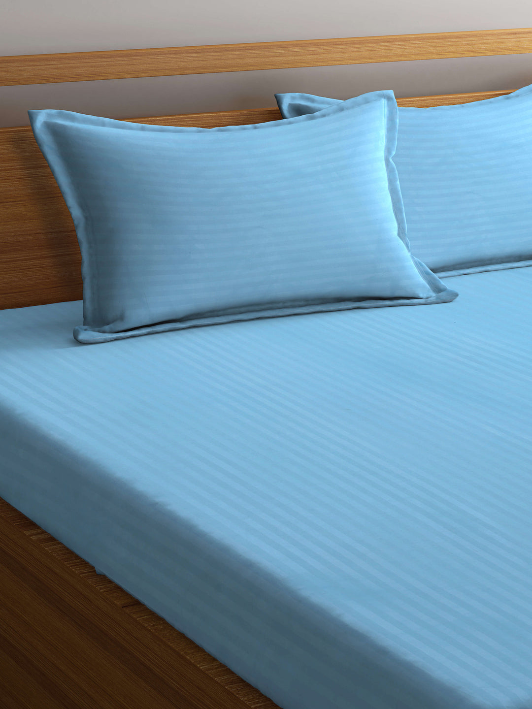 Klotthe Sky Blue Striped 300 TC Cotton Blend Super King Double Bedsheet with 2 Pillow covers (270X270 cm)