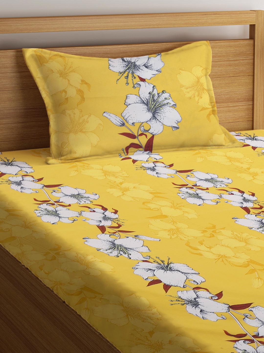 Klotthe Yellow 210 TC Floral Cotton Blend Single Bed Sheet with Pillow Cover