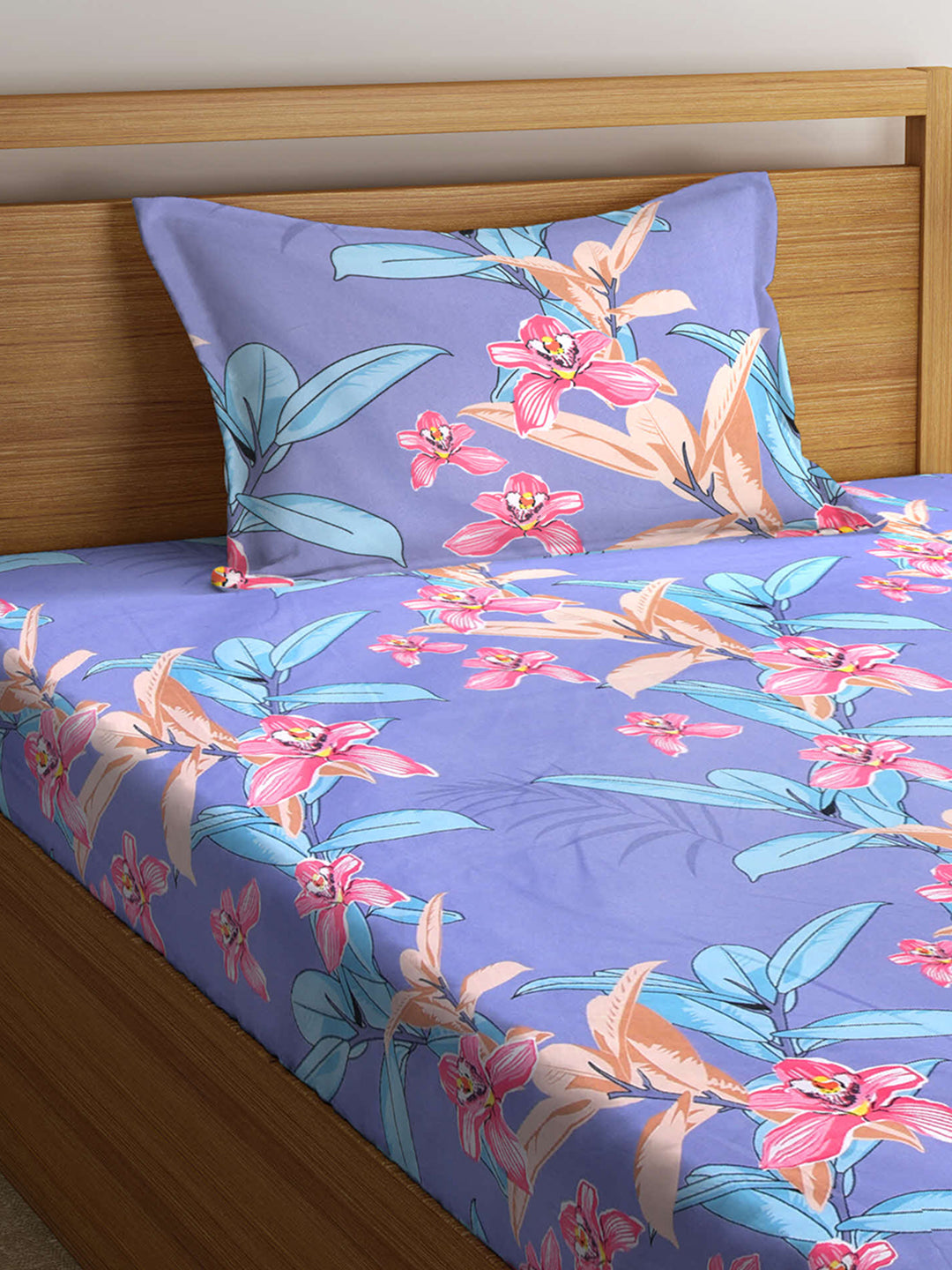 KLOTTHE Blue Polycotton Floral Single Bedsheet with 1 Pillow Cover (215X150 cm)