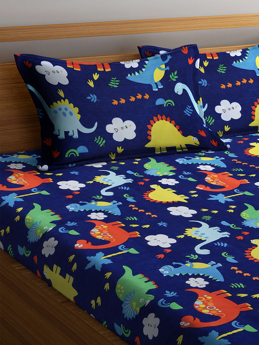 Klotthe Blue Cartoon Print 300 TC Cotton Blend Double Bed Sheet with 2 Pillow Covers in Book Fold Packing