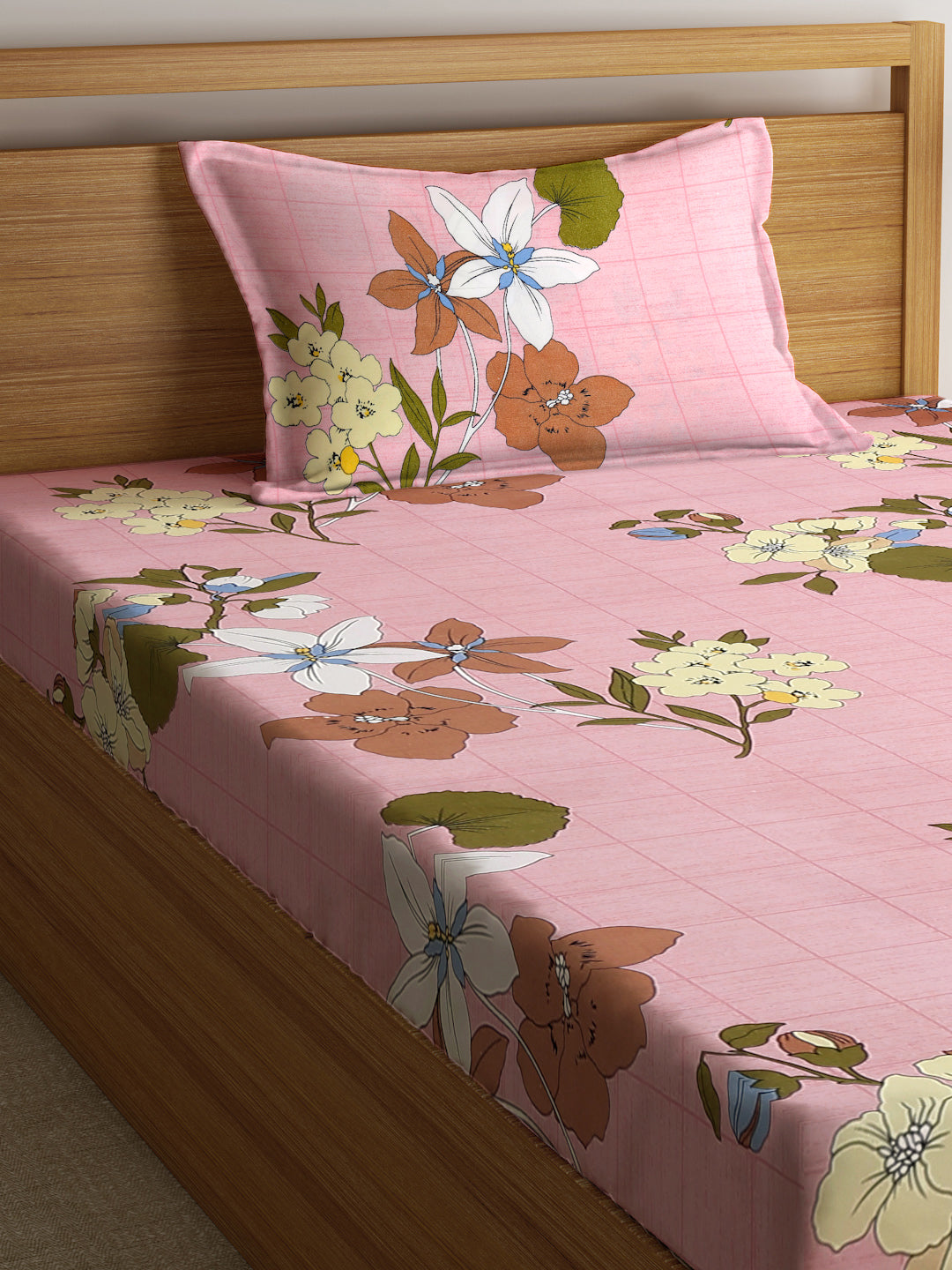 Klotthe Pink Floral 300 TC Cotton Blend Single Bedsheet with Pillow Cover