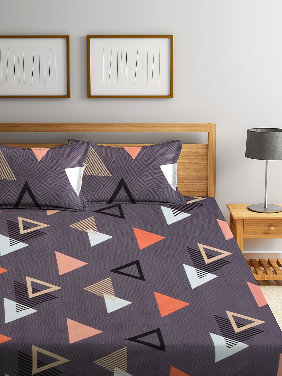 Klotthe Multicolor Geometric Cotton Blend Double Bed Sheet, 2 Pillow Covers & 2 Cushion Covers
