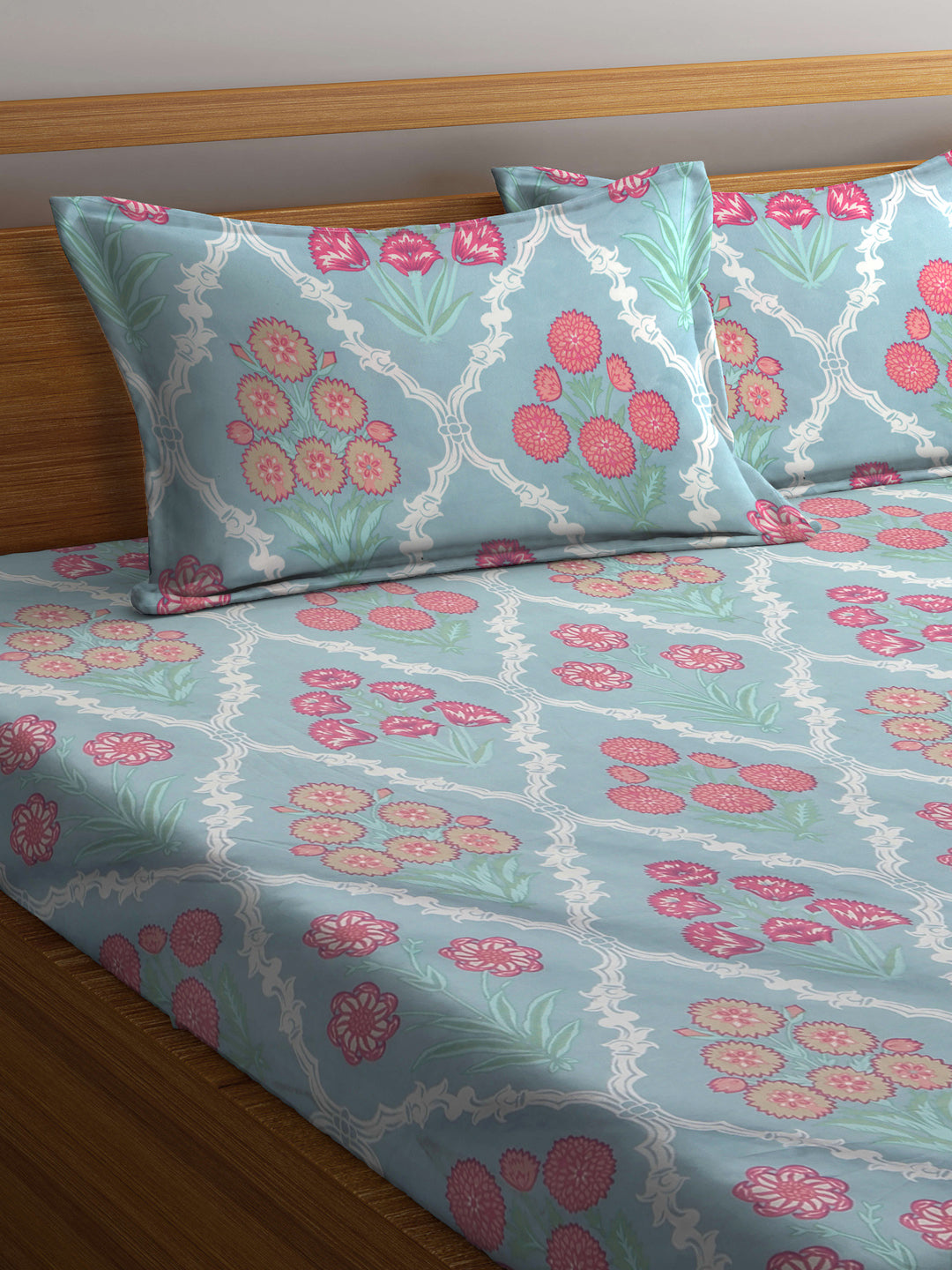 Klotthe Floral Skyblue 300 TC Cotton Blend Elasticated Double Bedsheet with 2 Pillow covers (270X270 cm)