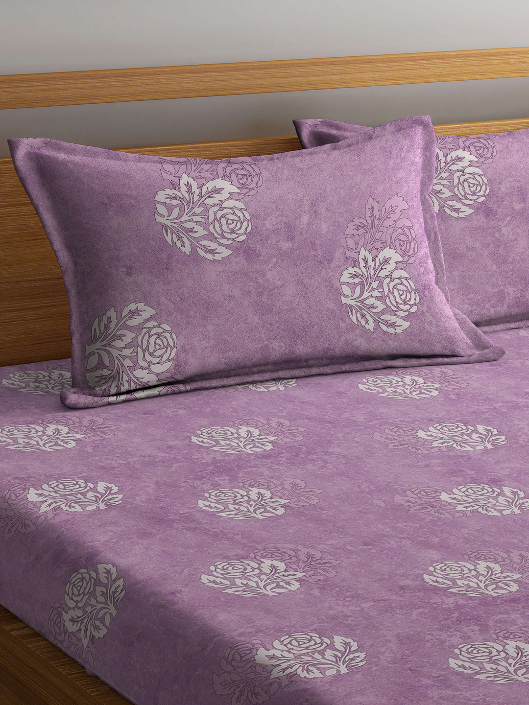 Klotthe Purple Floral 400 TC Pure Cotton Fitted Double Bedsheet Set in Book Fold Packing