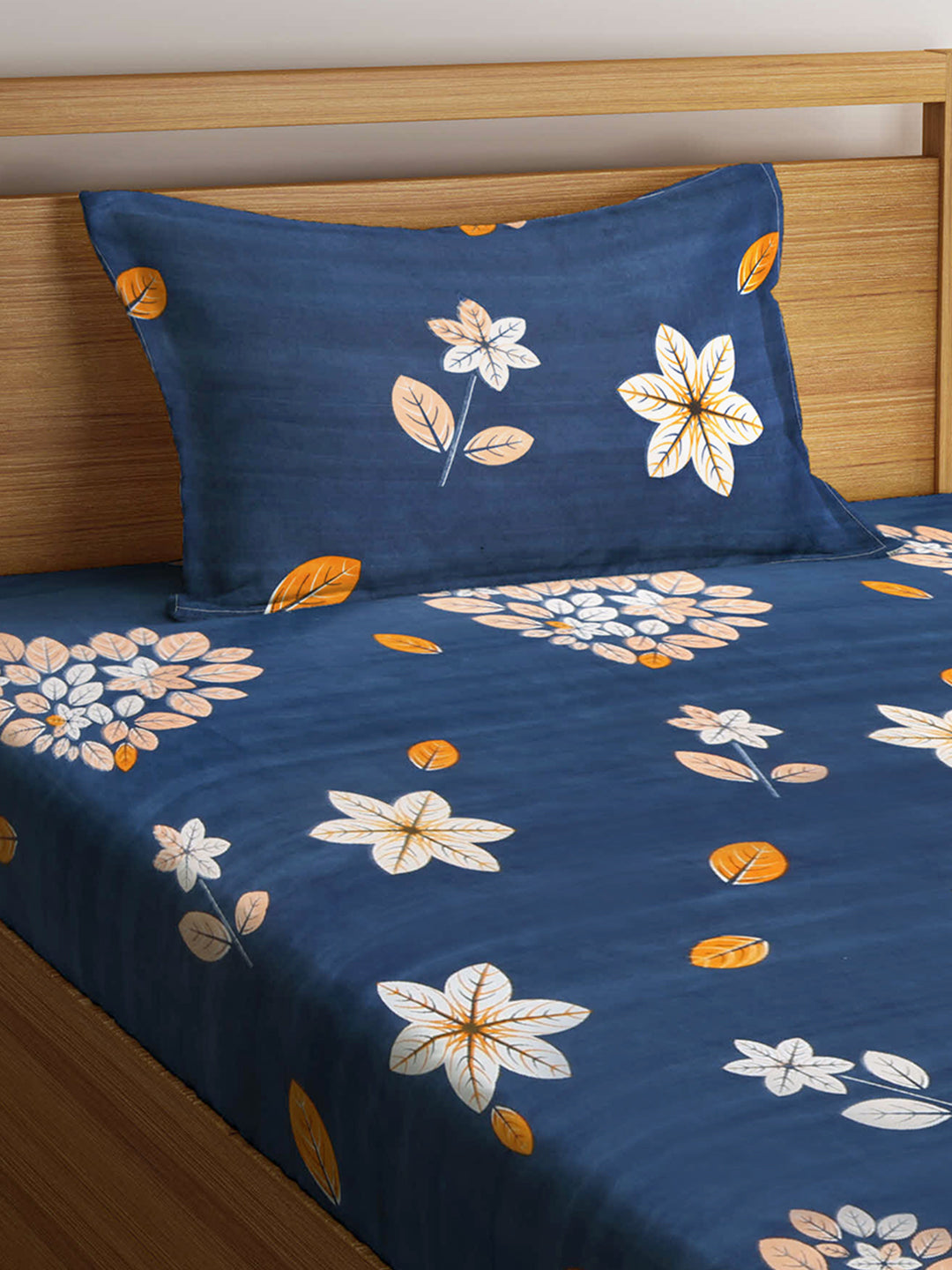 Klotthe Blue Floral Cotton Blend Single Bedsheet with Pillow cover