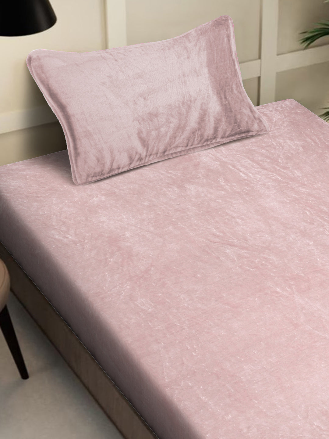 Klotthe Light Pink Solid Woolen Fitted Single Bed Sheet with Pillow Cover
