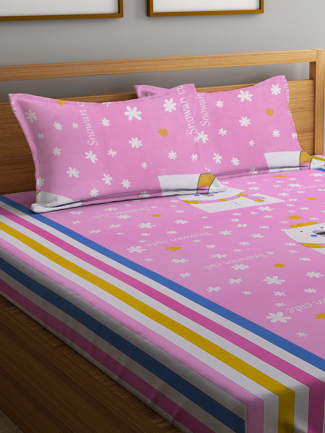 Klotthe Kids Pink Cotton 300 TC Double Bedsheet with 2 Pillow Covers