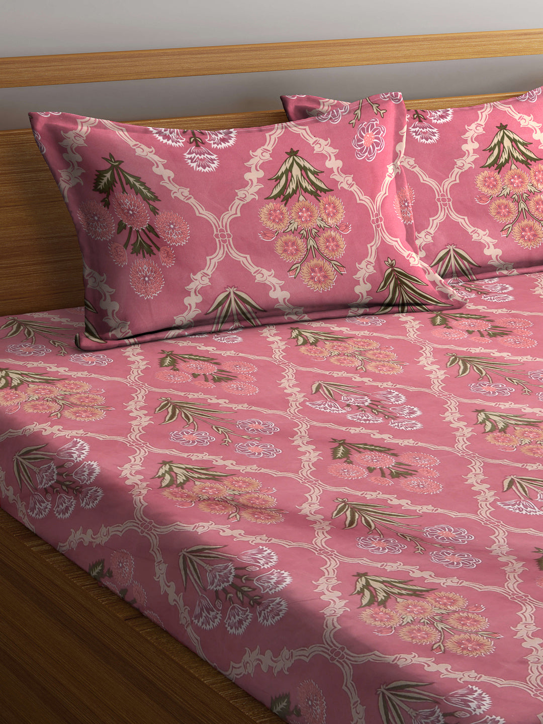 Klotthe Floral Peach 300 TC Cotton Blend Elasticated Double Bedsheet with 2 Pillow covers (270X270 cm)